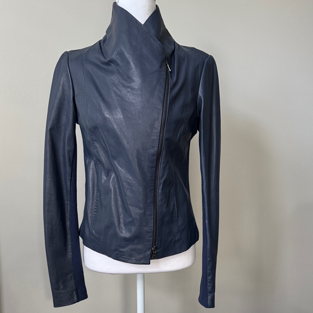 Vince Midnight Blue Soft Leather Funnel Neck Fitted Jacket size S